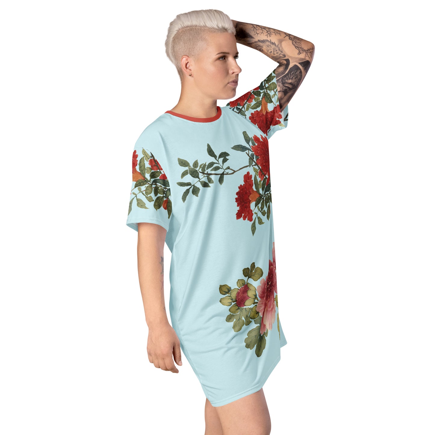 The Spirit of Flowers in Twelve Months｜Hollyhock and Pomegranate in Bloom｜T-shirt dress｜Aqua blue