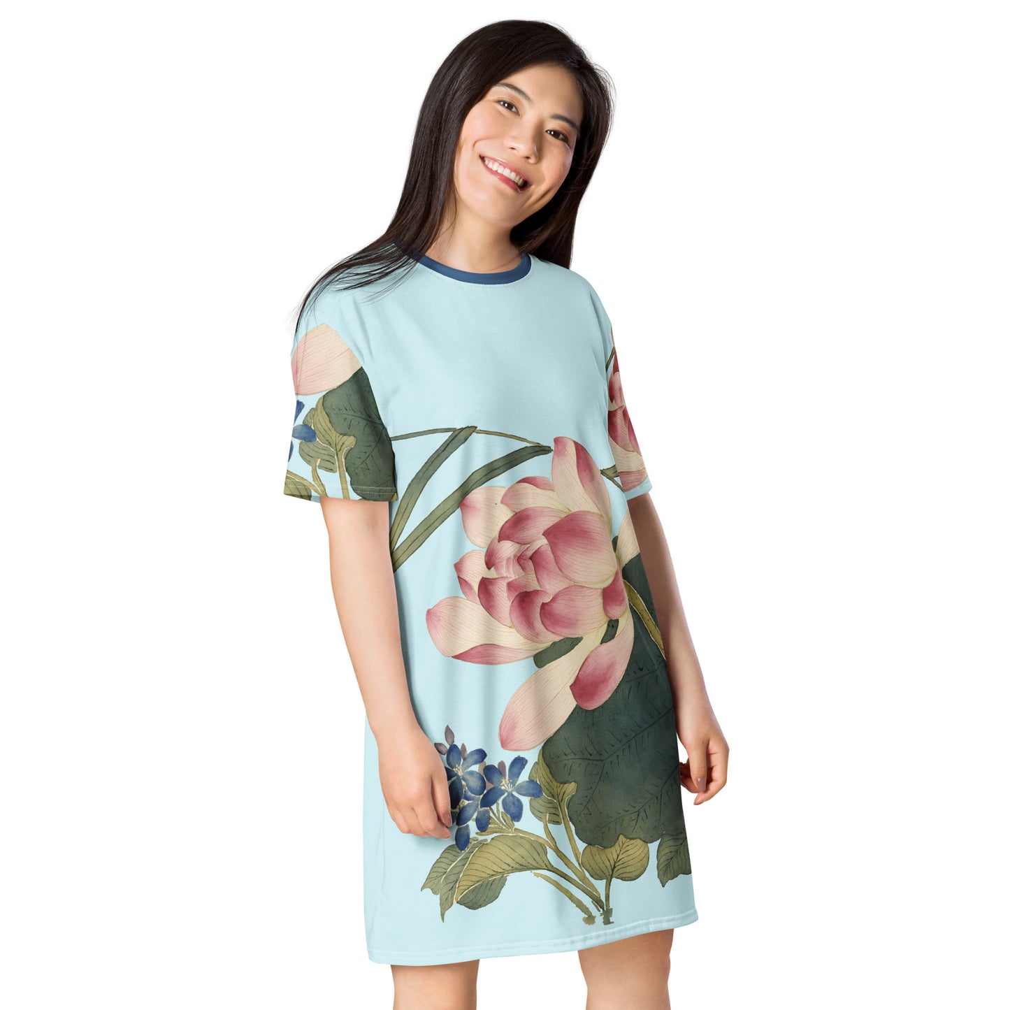 The Spirit of Flowers in Twelve Months｜Lotus in Bloom｜T-shirt dress｜Aqua blue