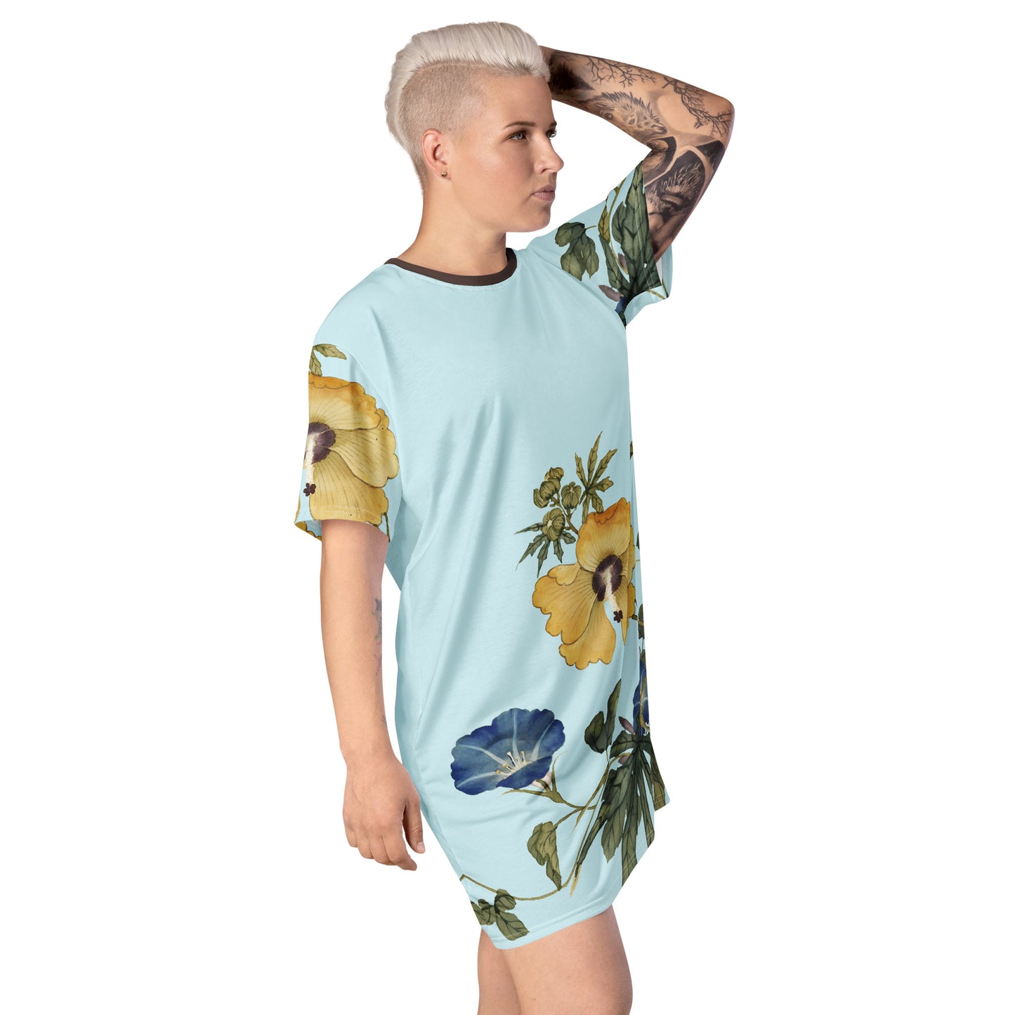 The Spirit of Flowers in Twelve Months｜Okra and White-edged Morning Glory in Bloom｜T-shirt dress｜Aqua blue