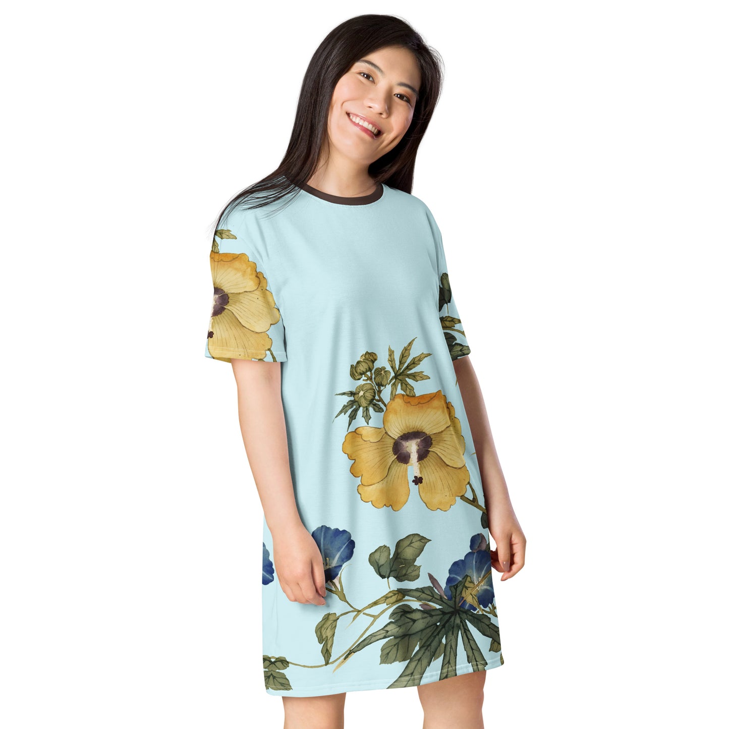 The Spirit of Flowers in Twelve Months｜Okra and White-edged Morning Glory in Bloom｜T-shirt dress｜Aqua blue