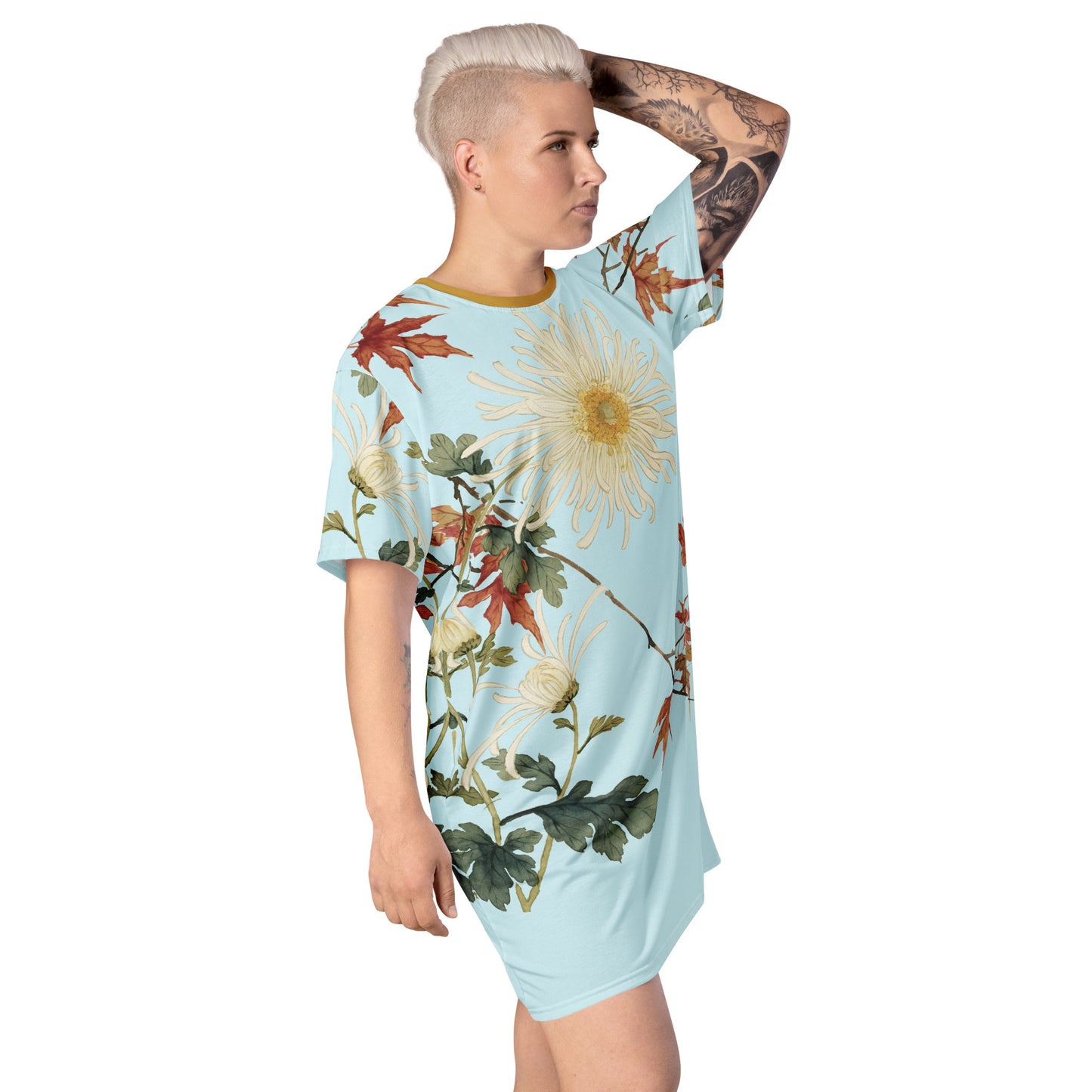 The Spirit of Flowers in Twelve Months｜Blooming Chrysanthemum and Maple Leaves｜T-shirt dress｜Aqua blue