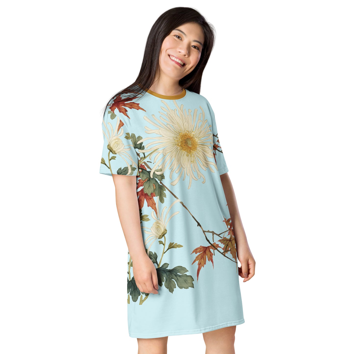 The Spirit of Flowers in Twelve Months｜Blooming Chrysanthemum and Maple Leaves｜T-shirt dress｜Aqua blue