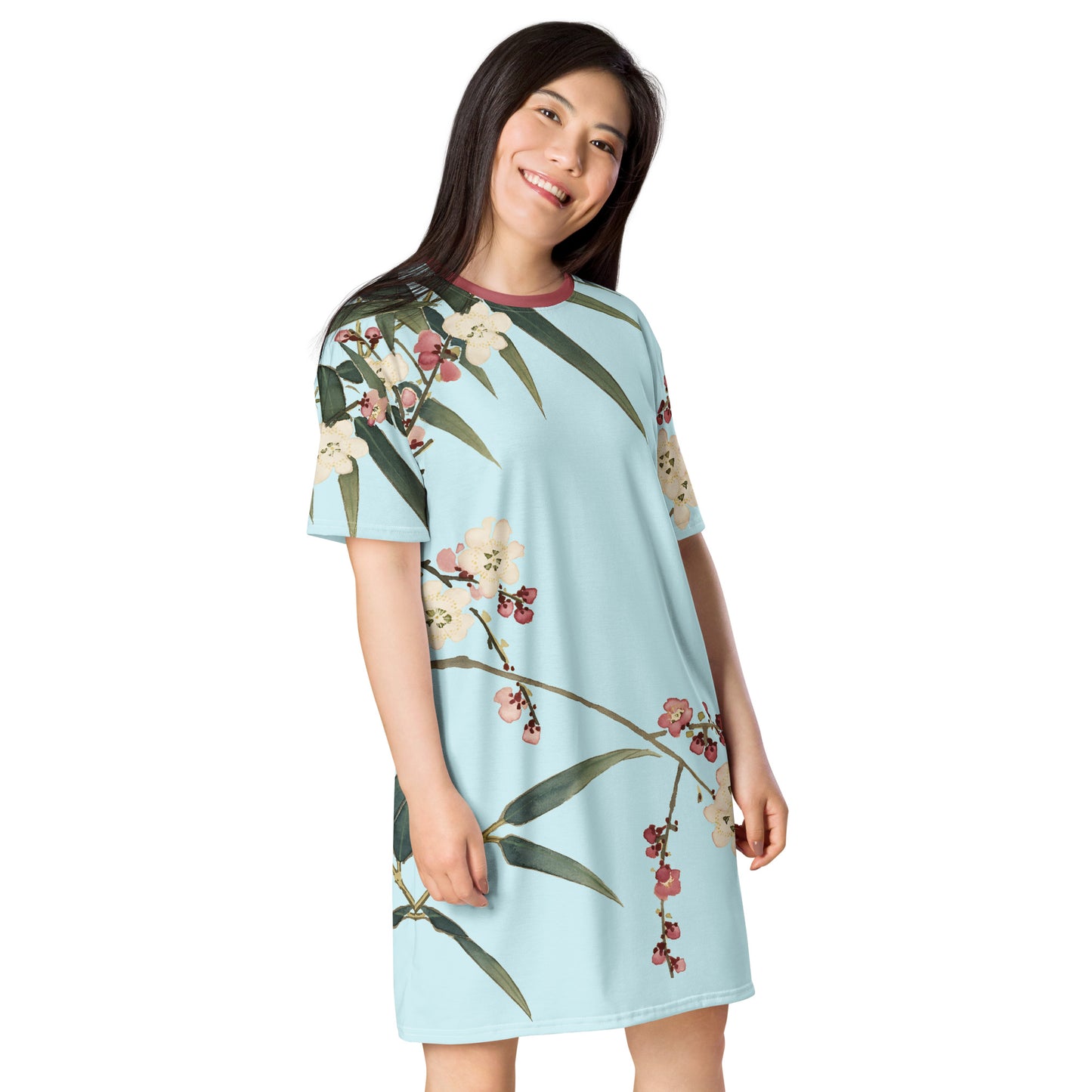 The Spirit of Flowers in Twelve Months｜Crimson Plum Blossom and Lush Green Bamboo｜T-shirt dress｜Aqua blue