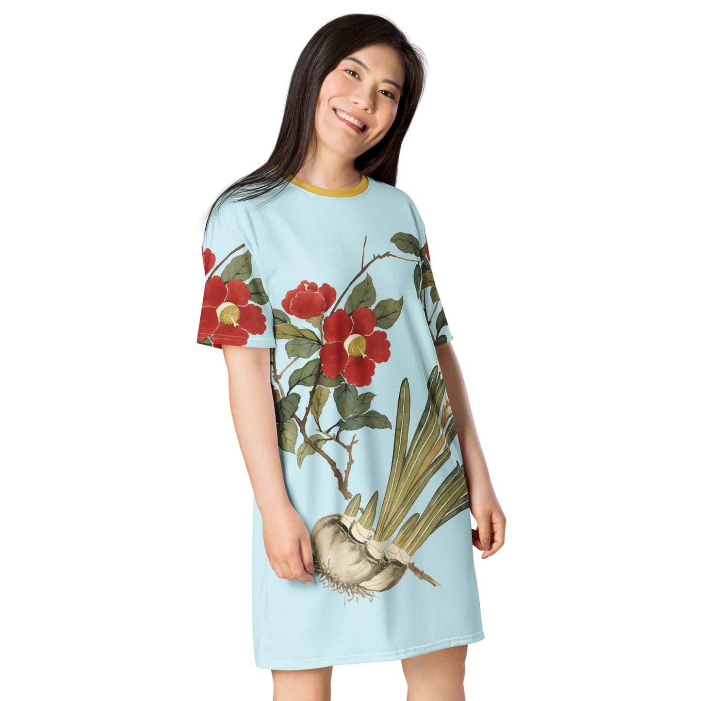 The Spirit of Flowers in Twelve Months｜Narcissus and Camelia in Bloom｜T-shirt dress｜Aqua blue