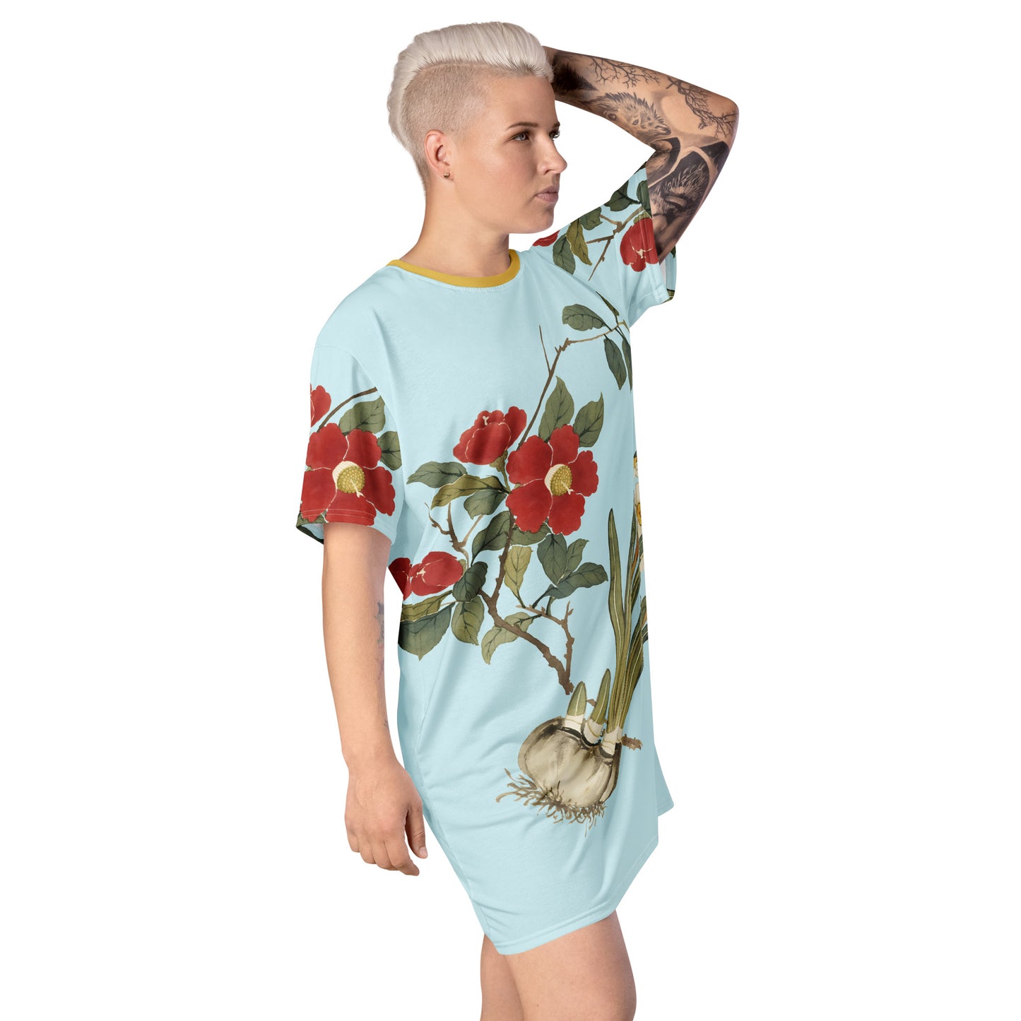 12月の花神様｜Narcissus and Camelia in Bloom｜Tシャツドレス｜Aqua blue