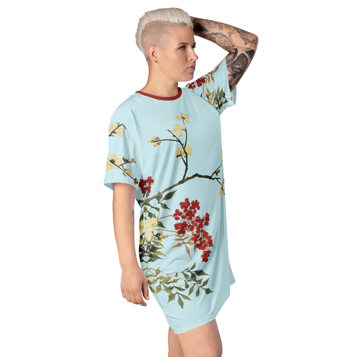 The Spirit of Flowers in Twelve Months｜Blooming Wintersweet and Heavenly Bamboo｜T-shirt dress｜Aqua blue