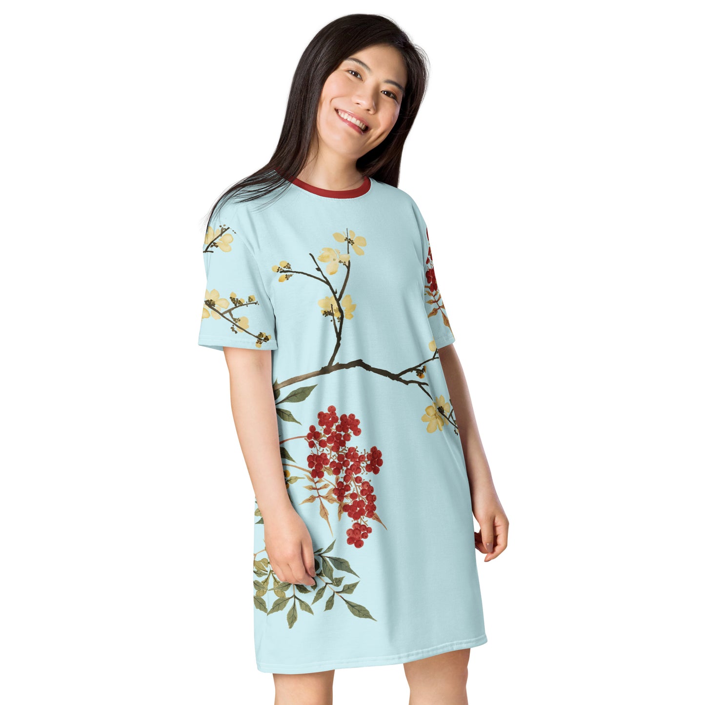 The Spirit of Flowers in Twelve Months｜Blooming Wintersweet and Heavenly Bamboo｜T-shirt dress｜Aqua blue