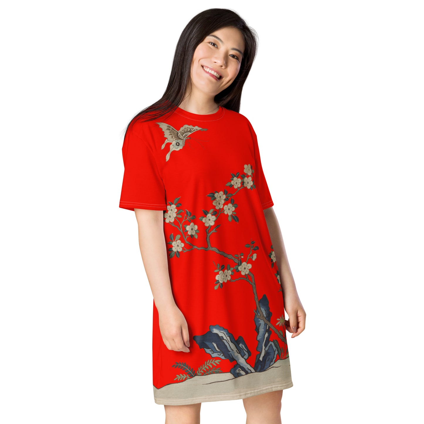 Kesi Flower Album｜White Plum Blossoms and Butterfly｜T-shirt dress｜Garnet red