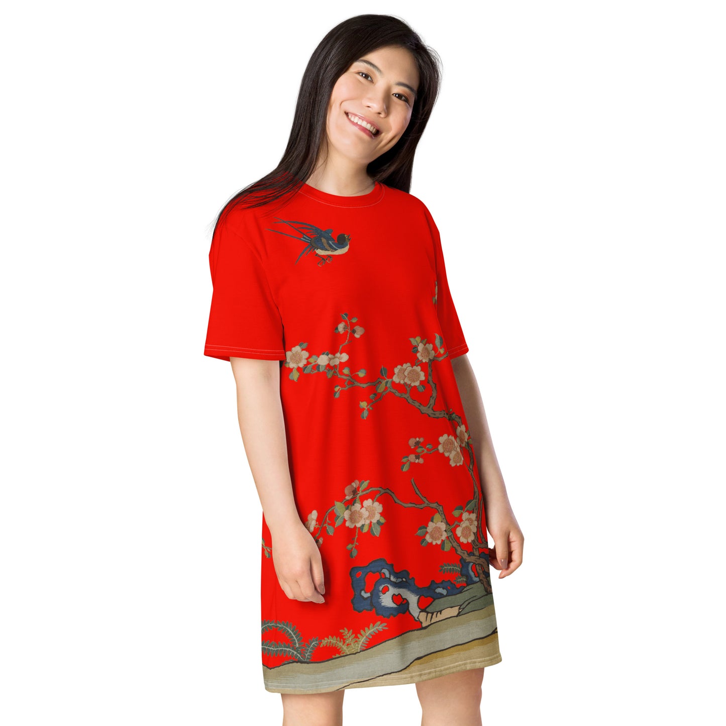 Kesi Flower Album｜Swallow in Flight, Harbinger of Spring｜T-shirt dress｜Garnet red