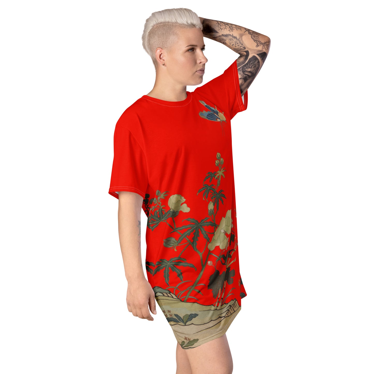 Kesi Flower Album｜Hibiscus and Begonia Blossoms｜T-shirt dress｜Garnet red