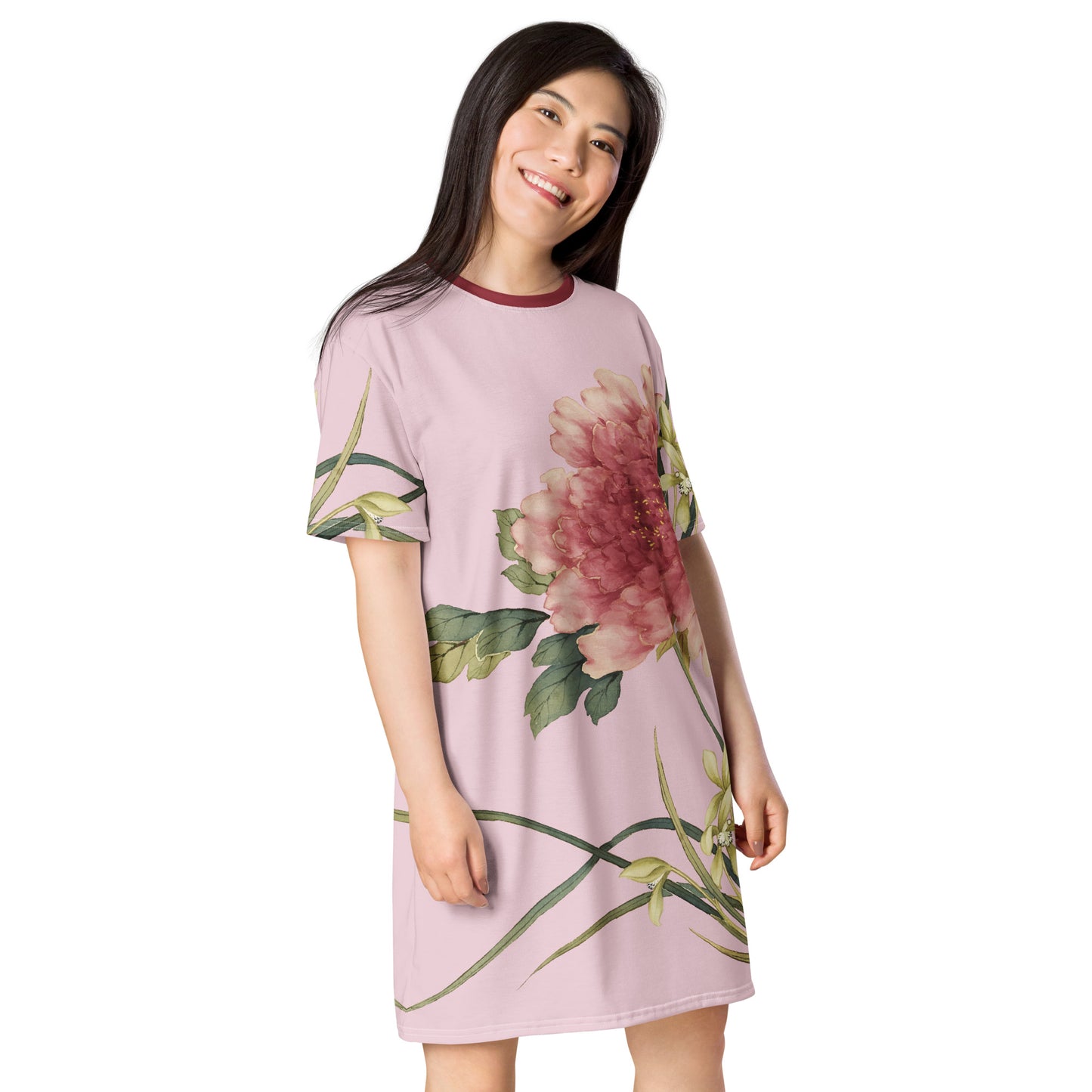 12月の花神様｜Orchid and Tree Peony in Bloom｜Tシャツワンピース｜Pale pinkish gray