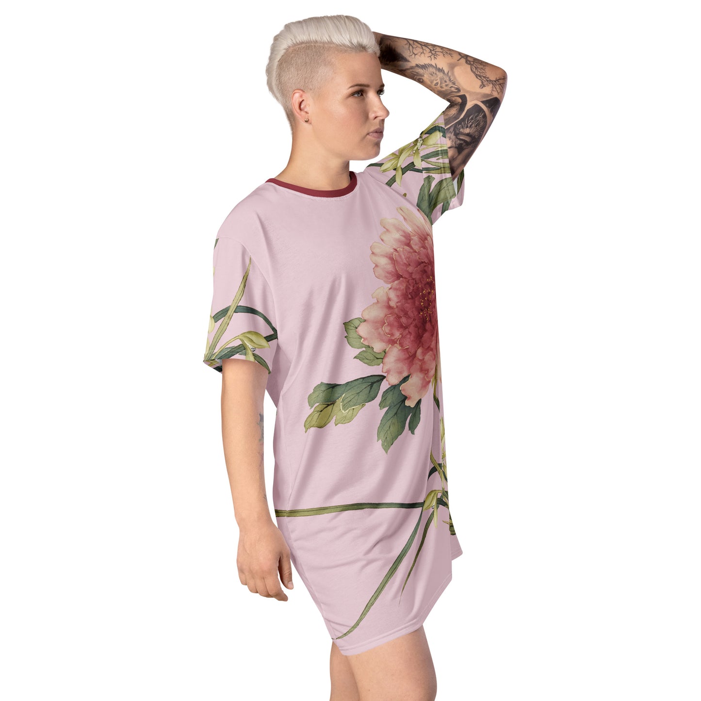 12月の花神様｜Orchid and Tree Peony in Bloom｜Tシャツワンピース｜Pale pinkish gray