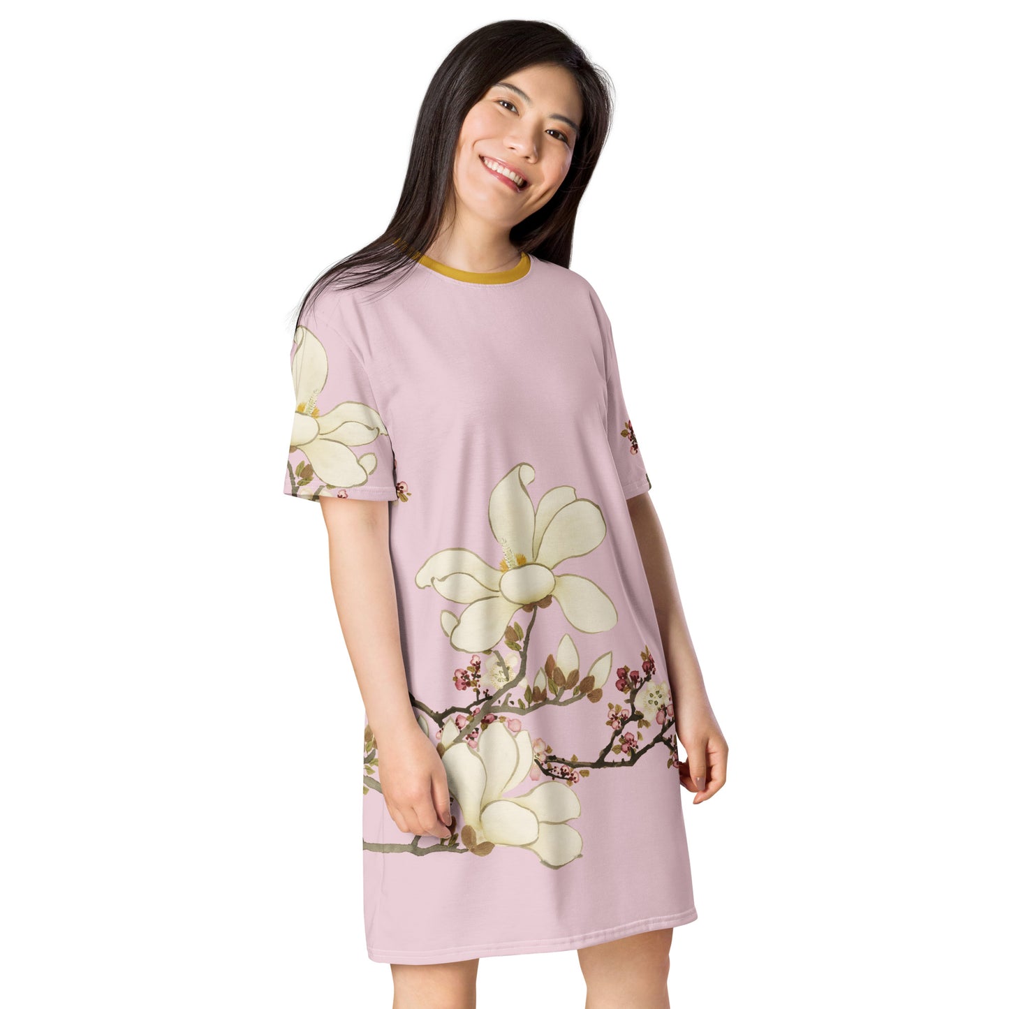 12月の花神様｜Apricot and Lily Magnolia in Blossom｜Tシャツドレス｜Pale pinkish gray