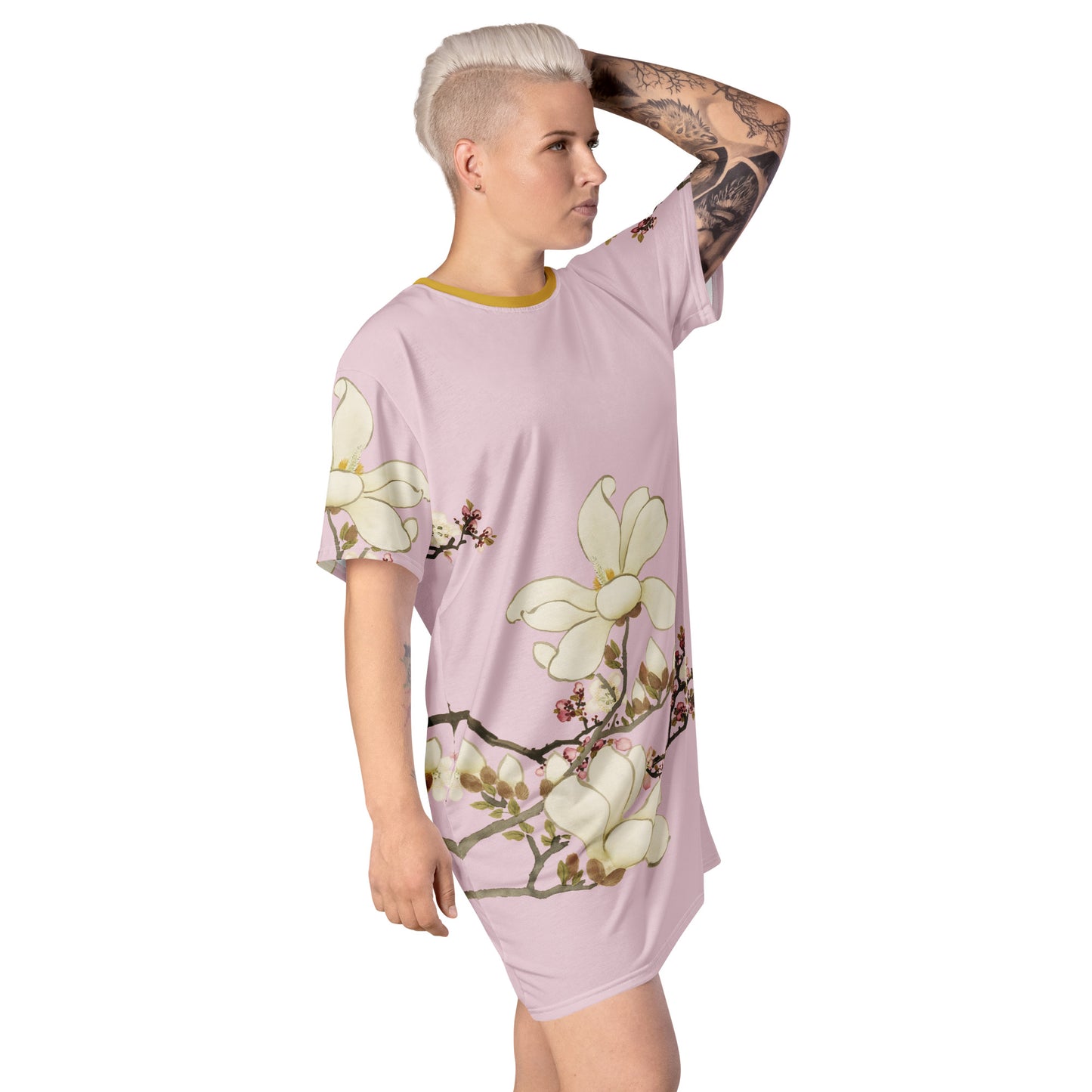 12月の花神様｜Apricot and Lily Magnolia in Blossom｜Tシャツドレス｜Pale pinkish gray