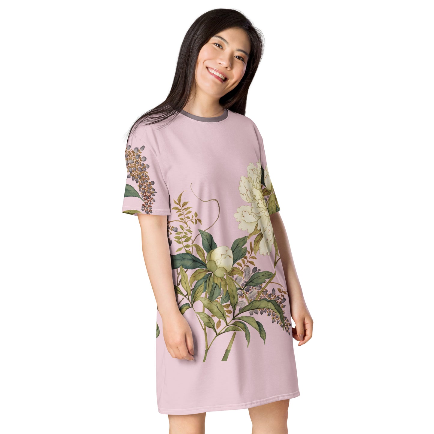 The Spirit of Flowers in Twelve Months｜Chinese Peony and Wisteria in Bloom｜T-shirt dress｜Pale pinkish gray