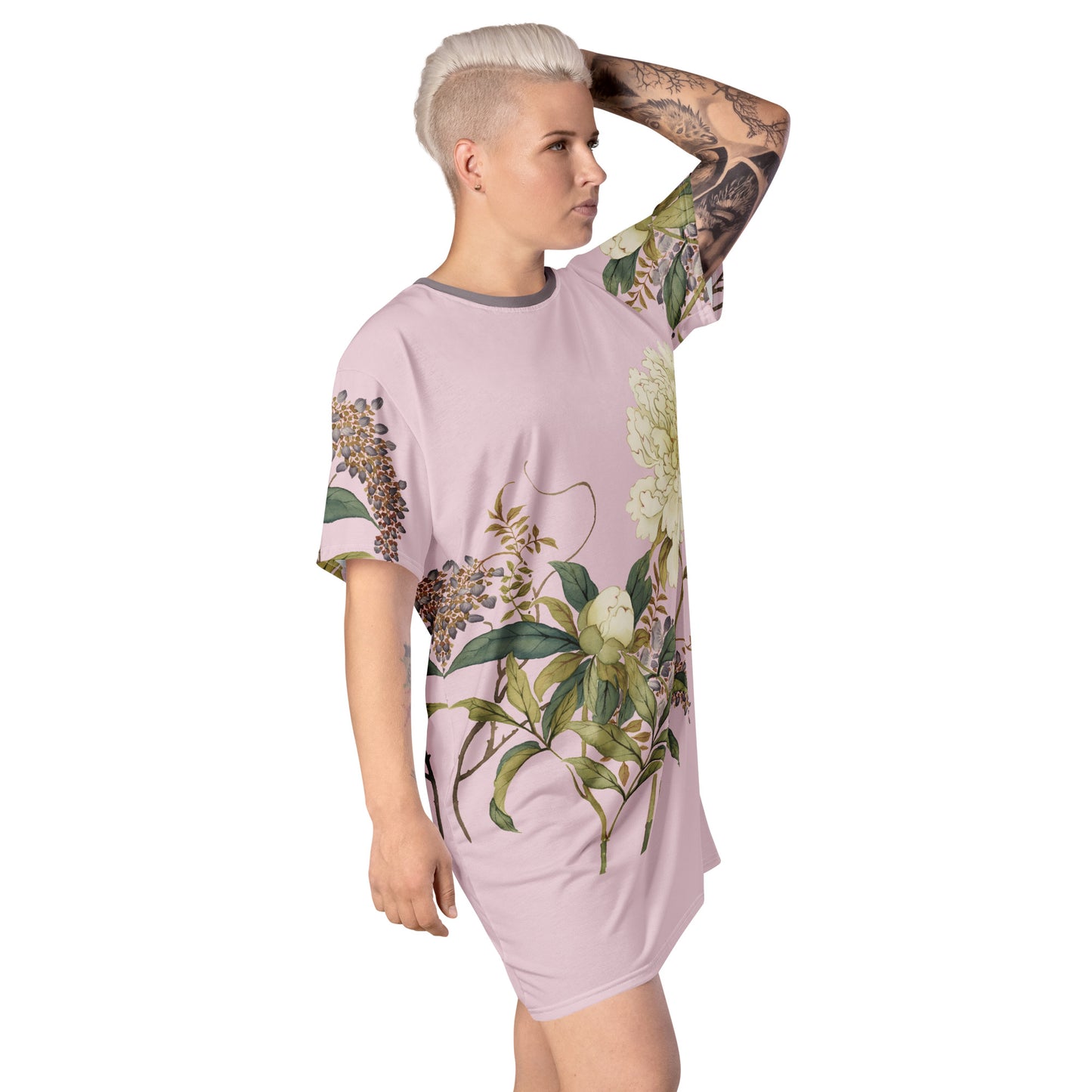 The Spirit of Flowers in Twelve Months｜Chinese Peony and Wisteria in Bloom｜T-shirt dress｜Pale pinkish gray