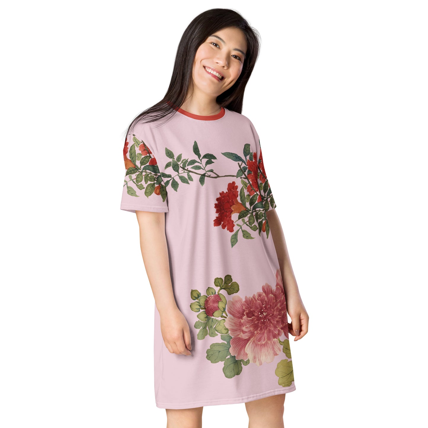 The Spirit of Flowers in Twelve Months｜Hollyhock and Pomegranate in Bloom｜T-shirt dress｜Pale pinkish gray