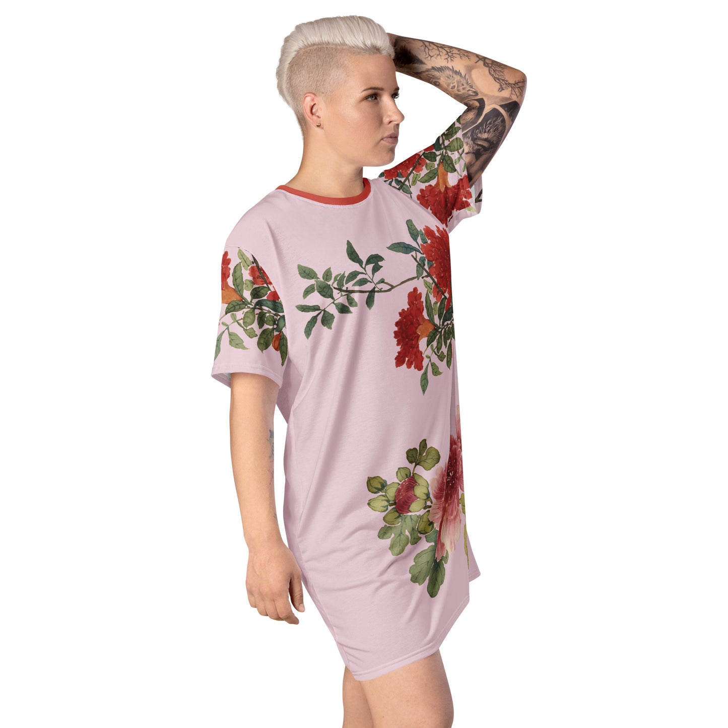 The Spirit of Flowers in Twelve Months｜Hollyhock and Pomegranate in Bloom｜T-shirt dress｜Pale pinkish gray