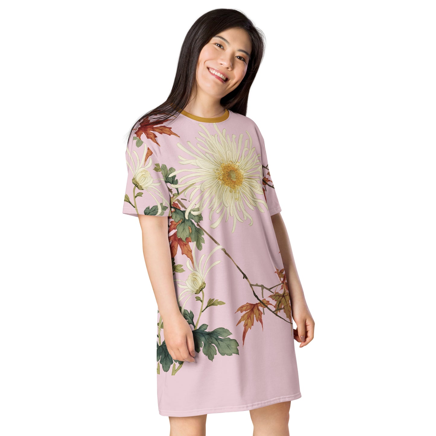 12月の花神様｜Blooming Chrysanthemum and Maple Leaves｜T-shirt dress｜Pale pinkish gray