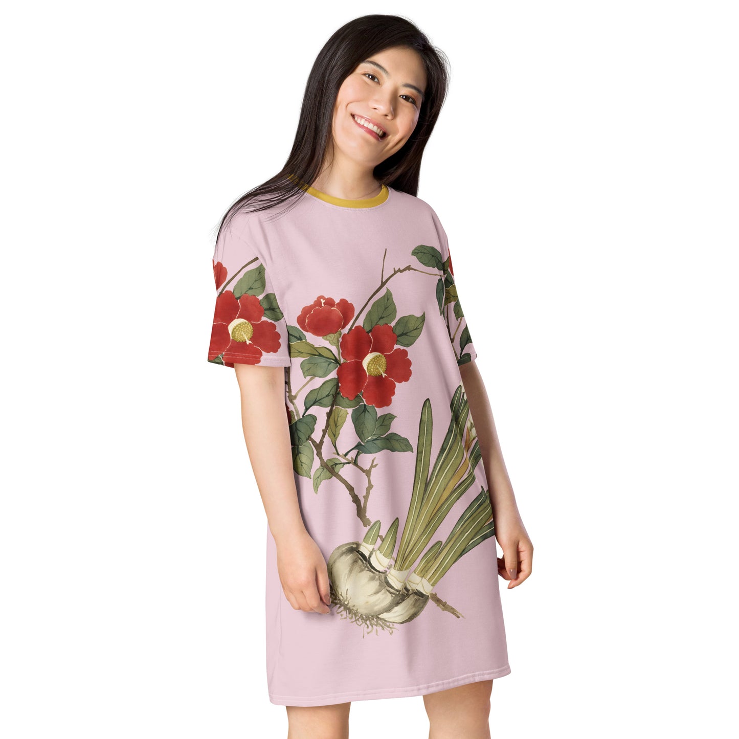 The Spirit of Flowers in Twelve Months｜Narcissus and Camelia in Bloom｜T-shirt dress｜Pale pinkish gray