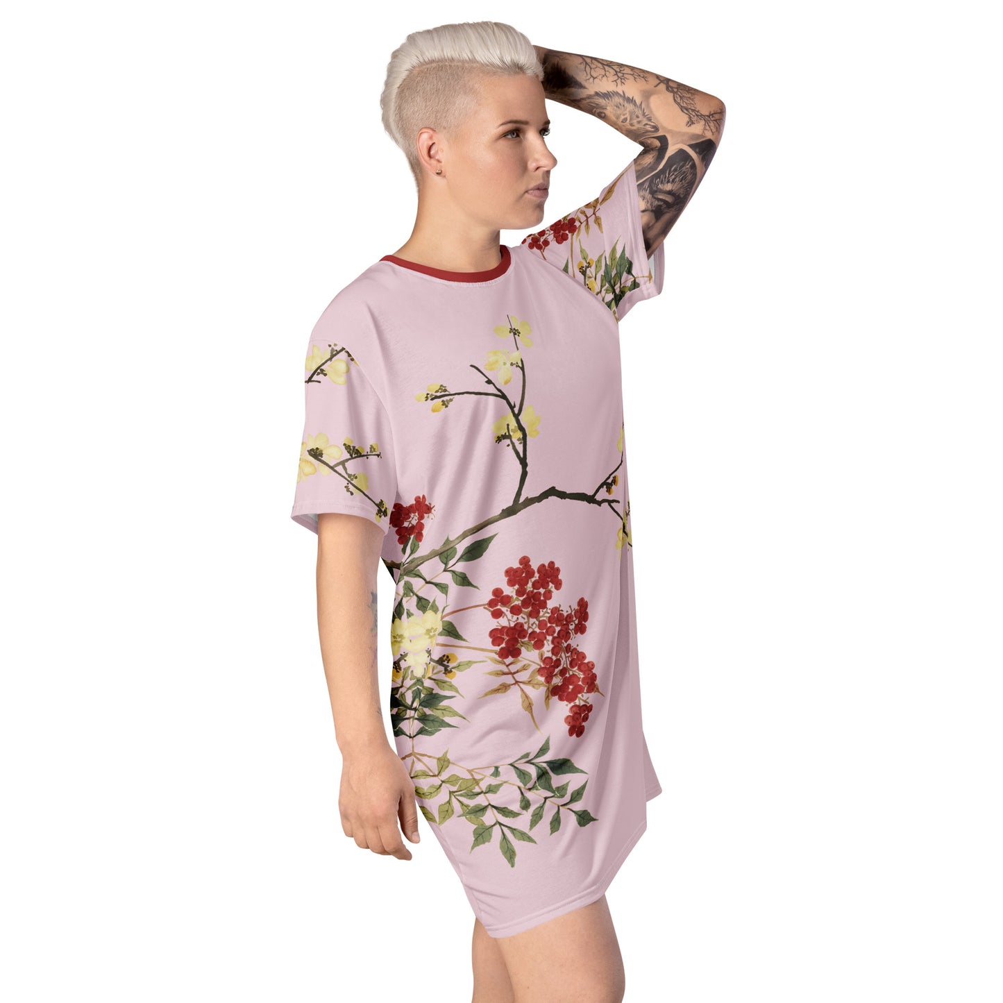 The Spirit of Flowers in Twelve Months｜Blooming Wintersweet and Heavenly Bamboo｜T-shirt dress｜Pale pinkish gray