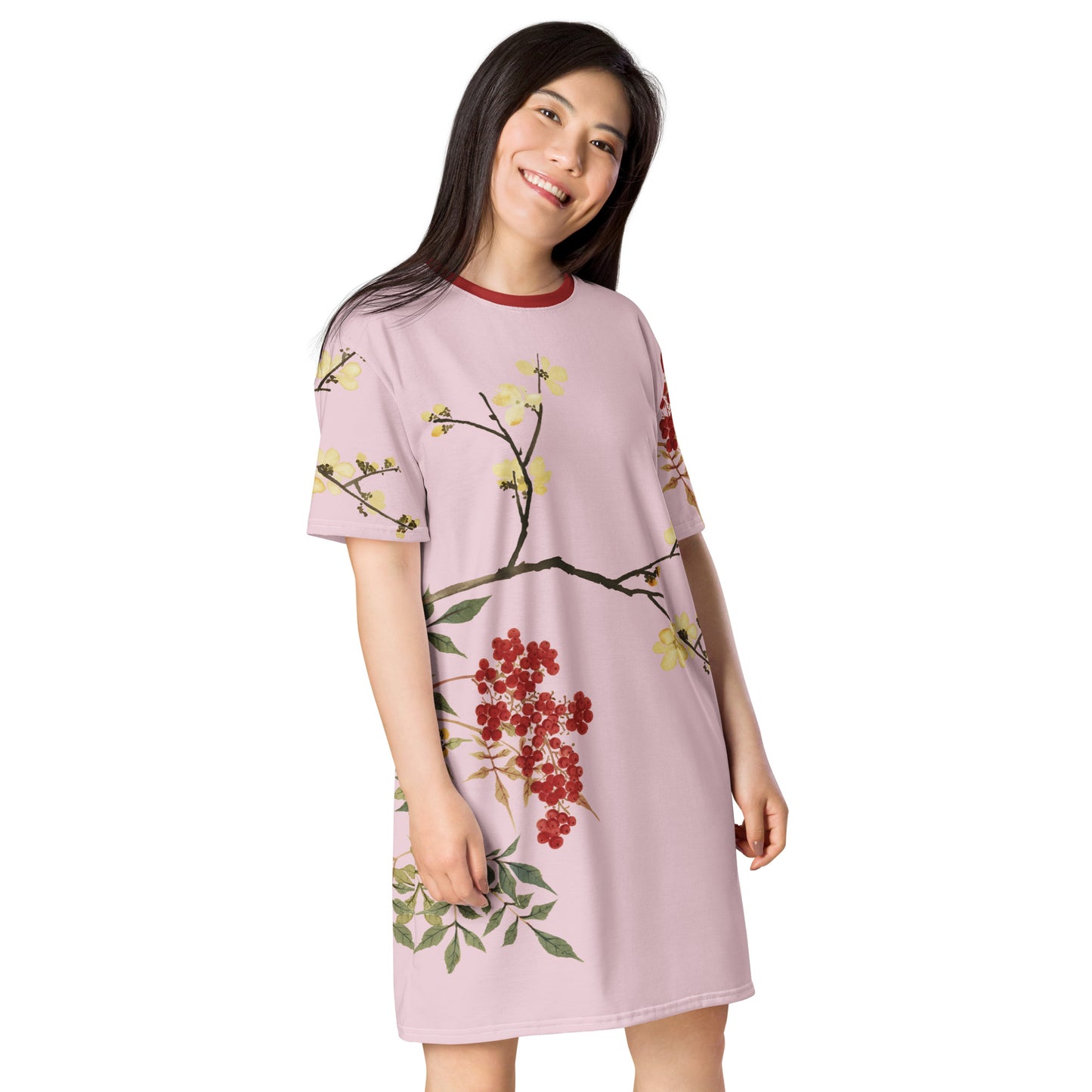 The Spirit of Flowers in Twelve Months｜Blooming Wintersweet and Heavenly Bamboo｜T-shirt dress｜Pale pinkish gray