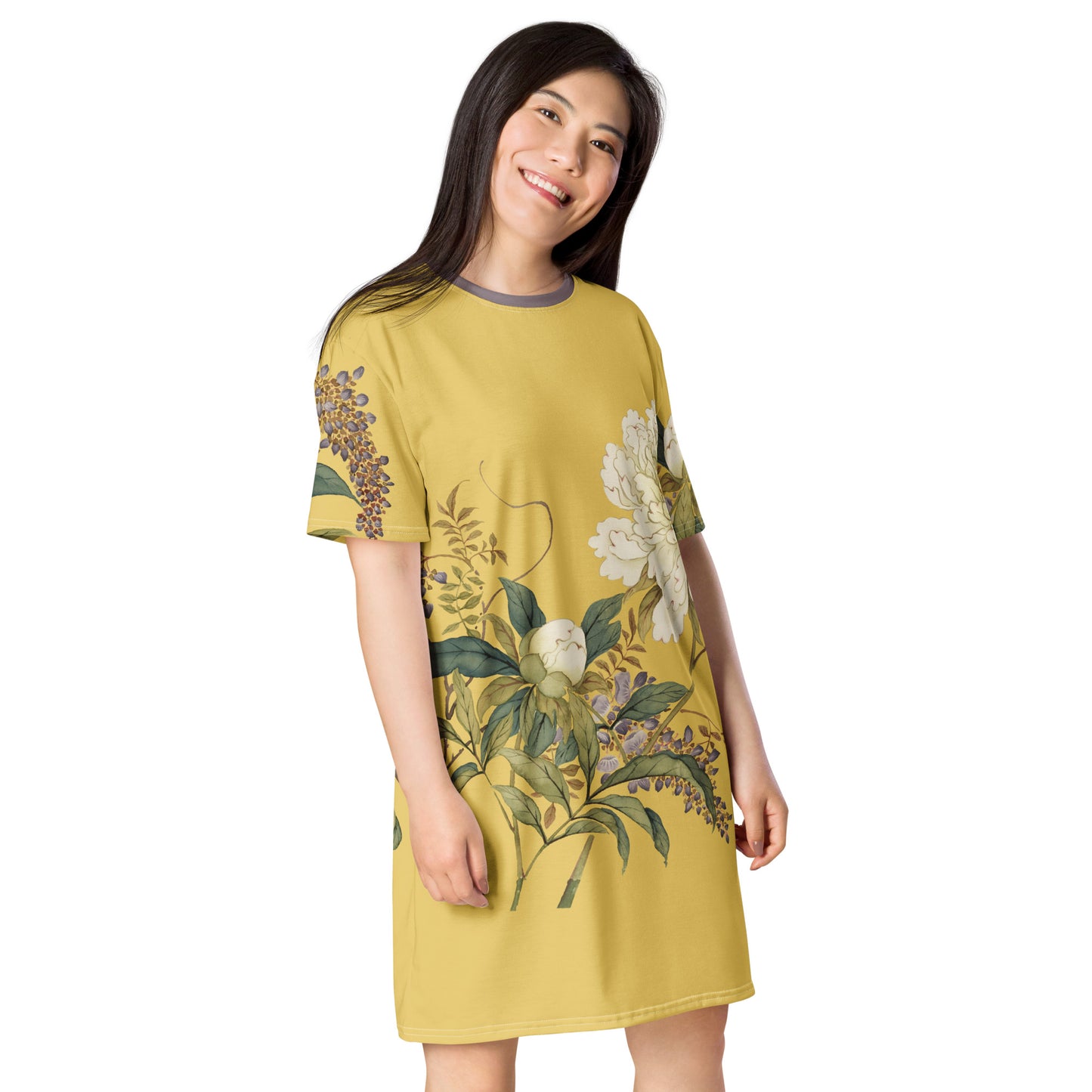 The Spirit of Flowers in Twelve Months｜Chinese Peony and Wisteria in Bloom｜T-shirt dress｜Gold