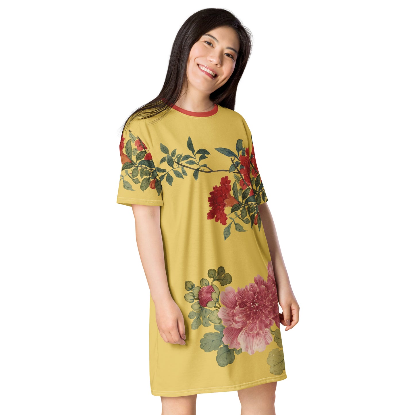 The Spirit of Flowers in Twelve Months｜Hollyhock and Pomegranate in Bloom｜T-shirt dress｜Gold