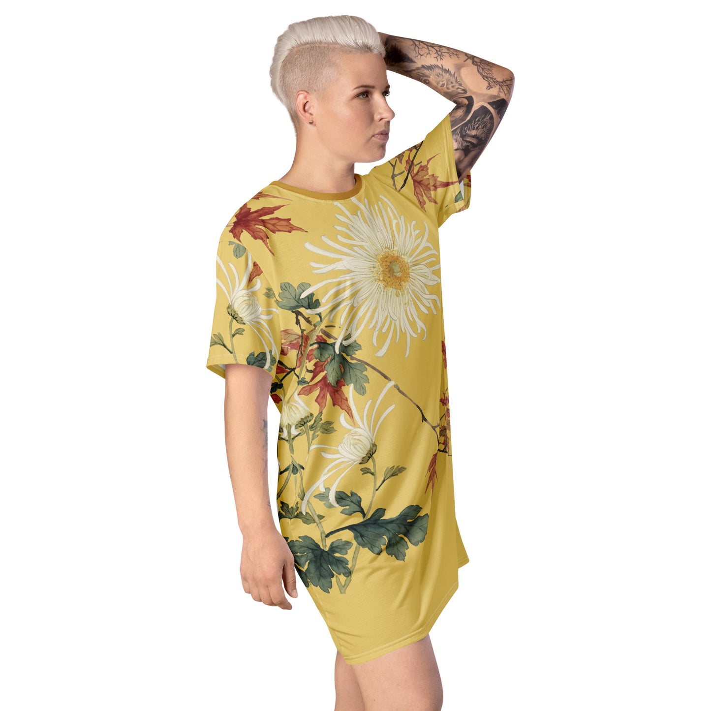 The Spirit of Flowers in Twelve Months｜Blooming Chrysanthemum and Maple Leaves｜T-shirt dress｜Gold