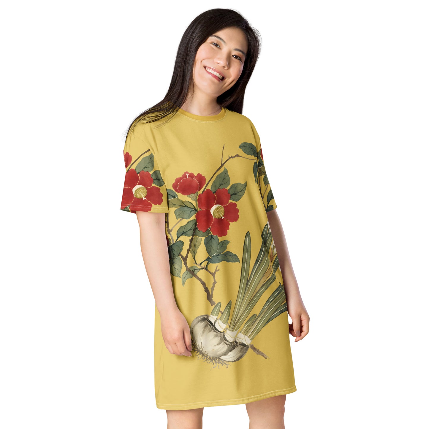 12月の花神様｜Narcissus and Camelia in Bloom｜Tシャツドレス｜ゴールド