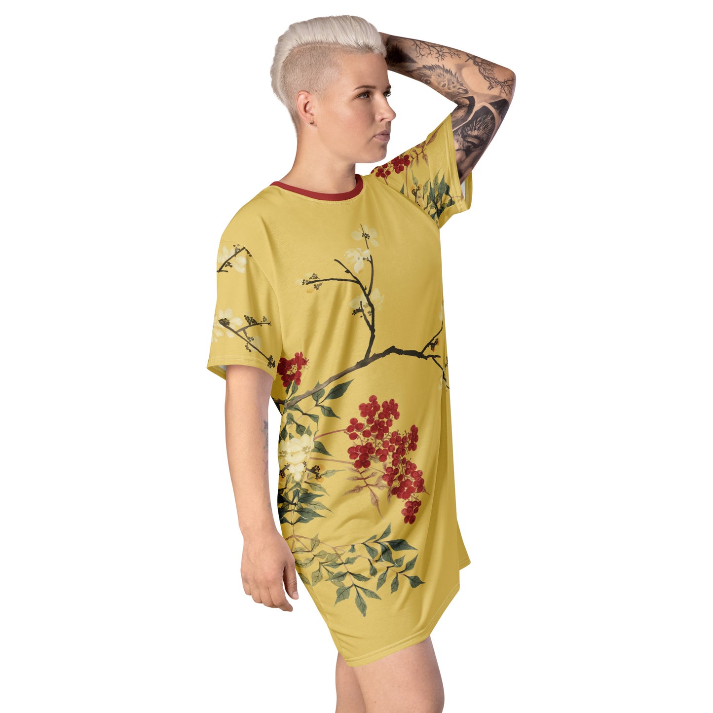 The Spirit of Flowers in Twelve Months｜Blooming Wintersweet and Heavenly Bamboo｜T-shirt dress｜Gold