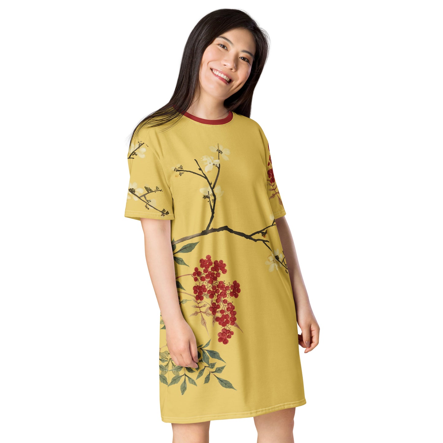 The Spirit of Flowers in Twelve Months｜Blooming Wintersweet and Heavenly Bamboo｜T-shirt dress｜Gold