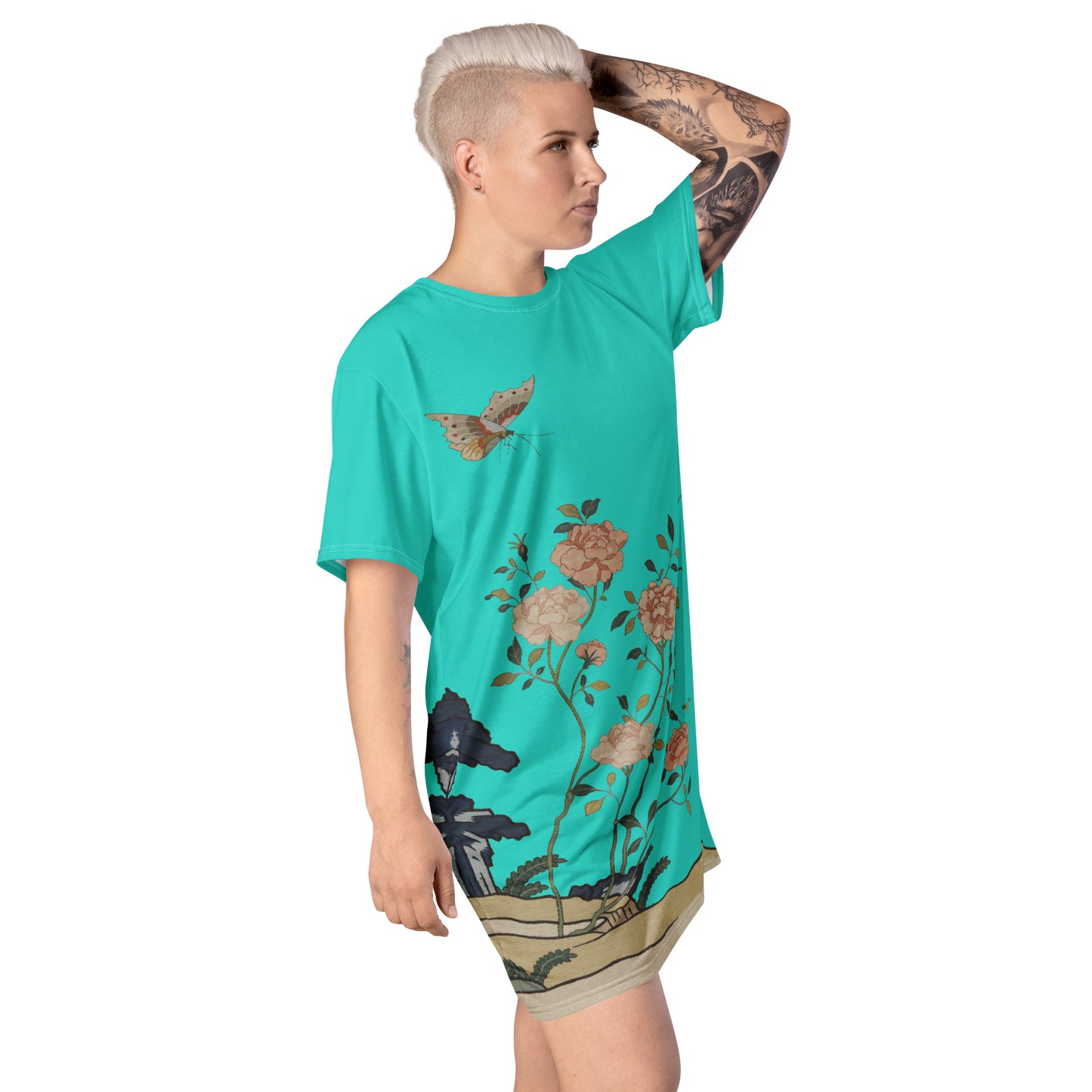 Kesi Flower Album｜Red Roses｜T-shirt dress｜Turquoise