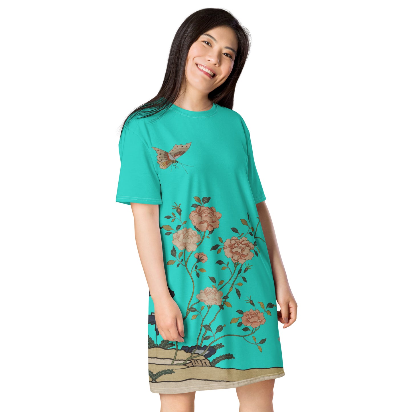 Kesi Flower Album｜Red Roses｜T-shirt dress｜Turquoise