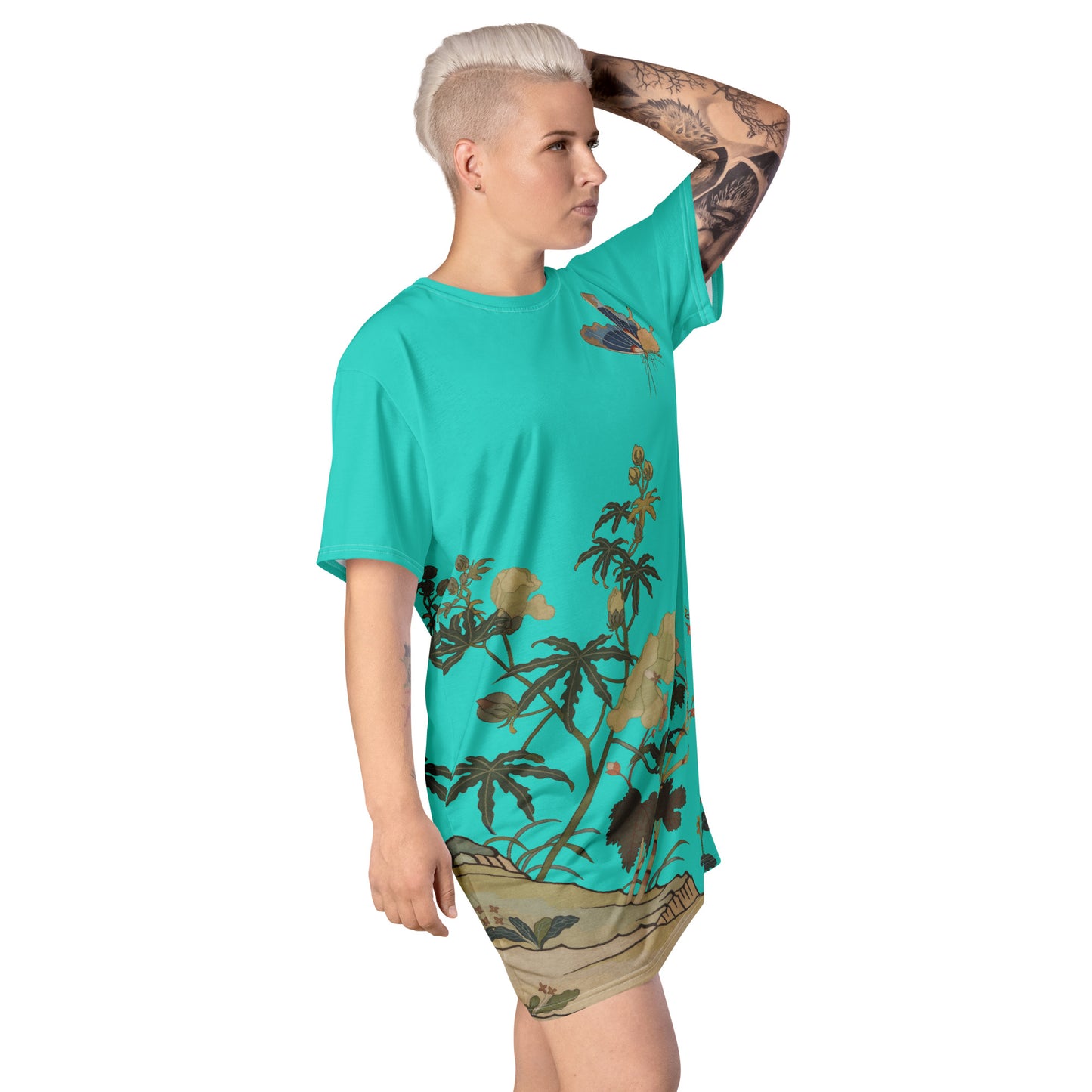 Kesi Flower Album｜Hibiscus and Begonia Blossoms｜T-shirt dress｜Turquoise