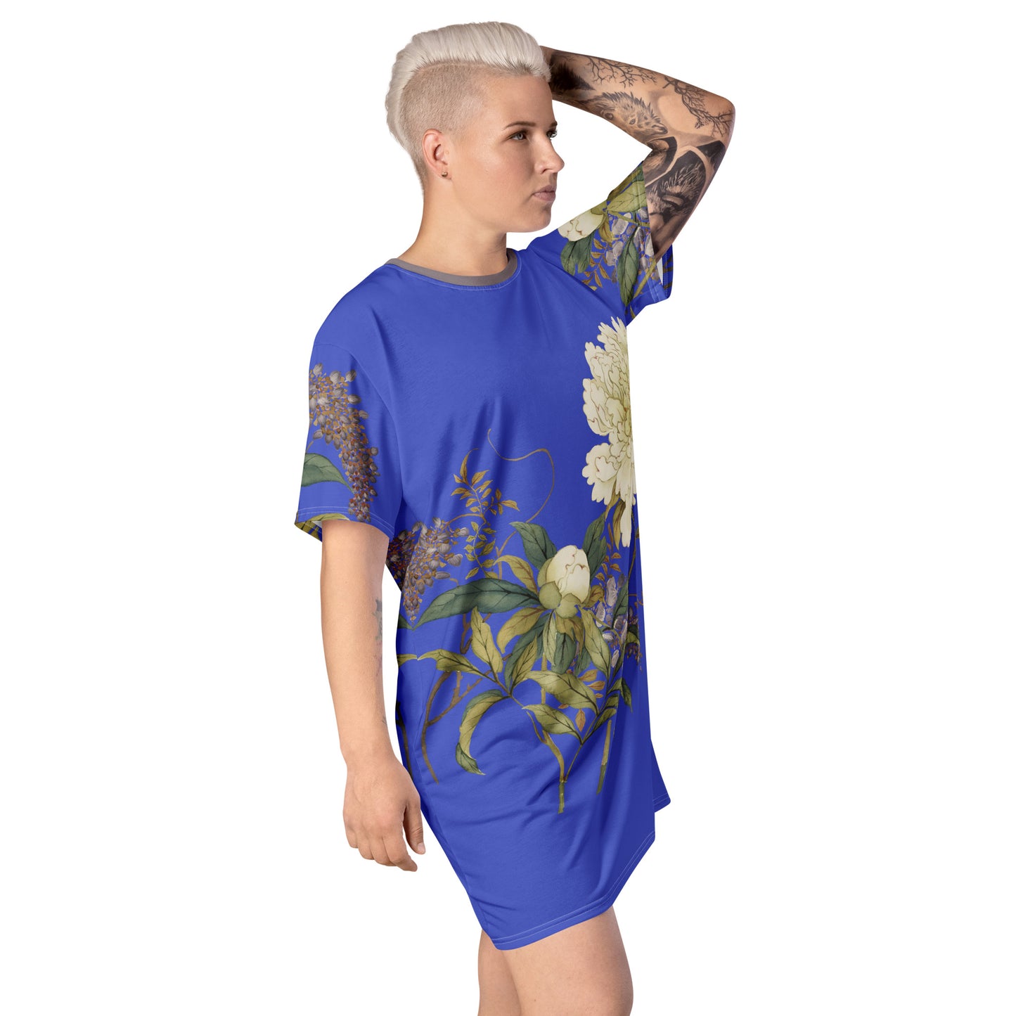 The Spirit of Flowers in Twelve Months｜Chinese Peony and Wisteria in Bloom｜T-shirt dress｜Royal blue