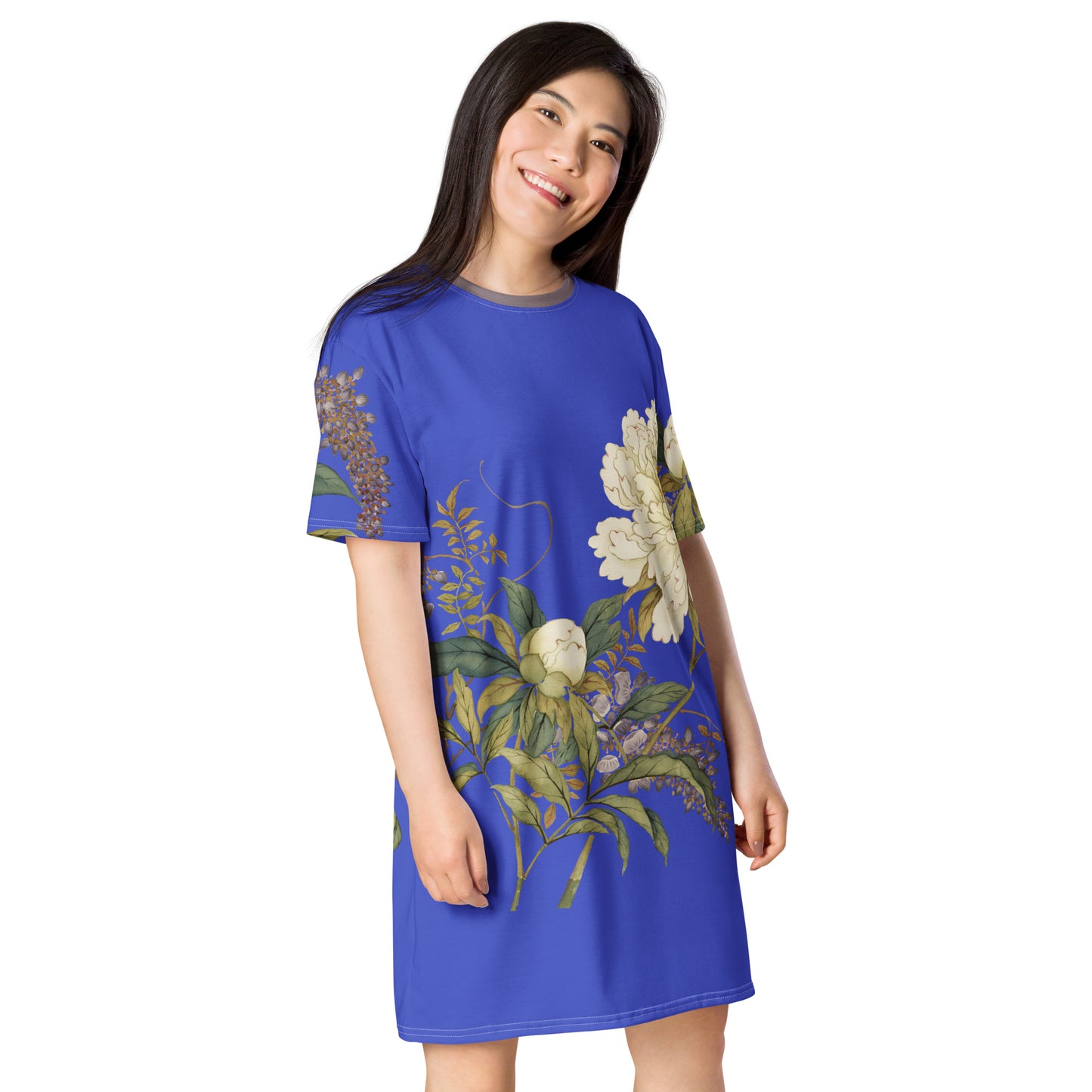 12月の花神様｜Chinese Peony and Wisteria in Bloom｜Tシャツドレス｜ロイヤルブルー