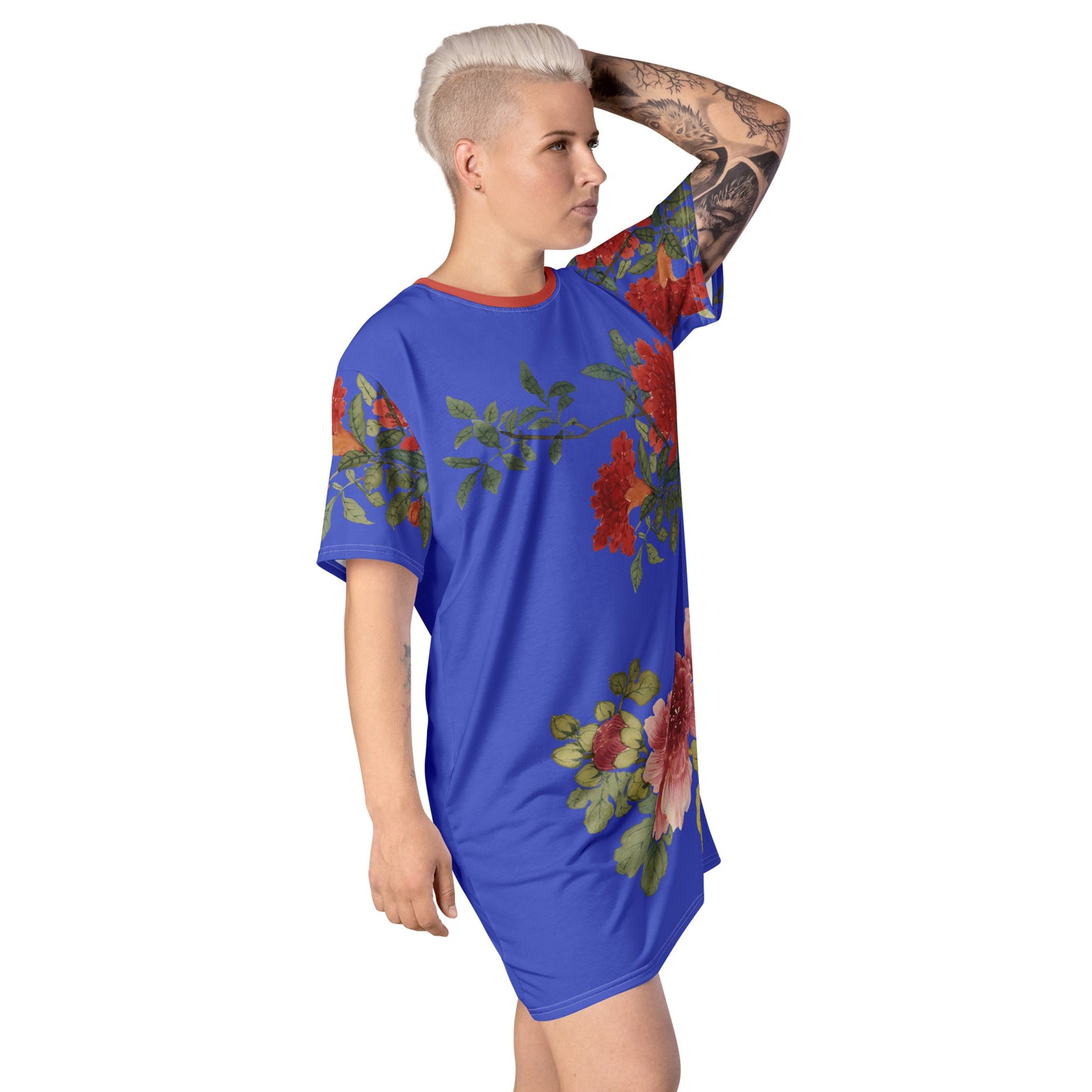 The Spirit of Flowers in Twelve Months｜Hollyhock and Pomegranate in Bloom｜T-shirt dress｜Royal blue