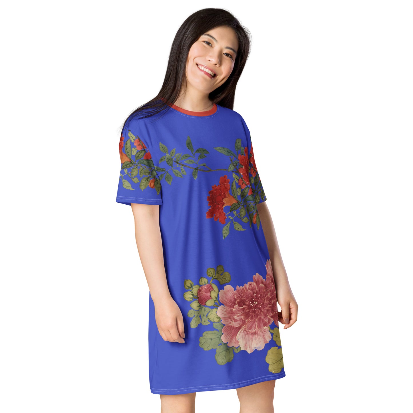 The Spirit of Flowers in Twelve Months｜Hollyhock and Pomegranate in Bloom｜T-shirt dress｜Royal blue