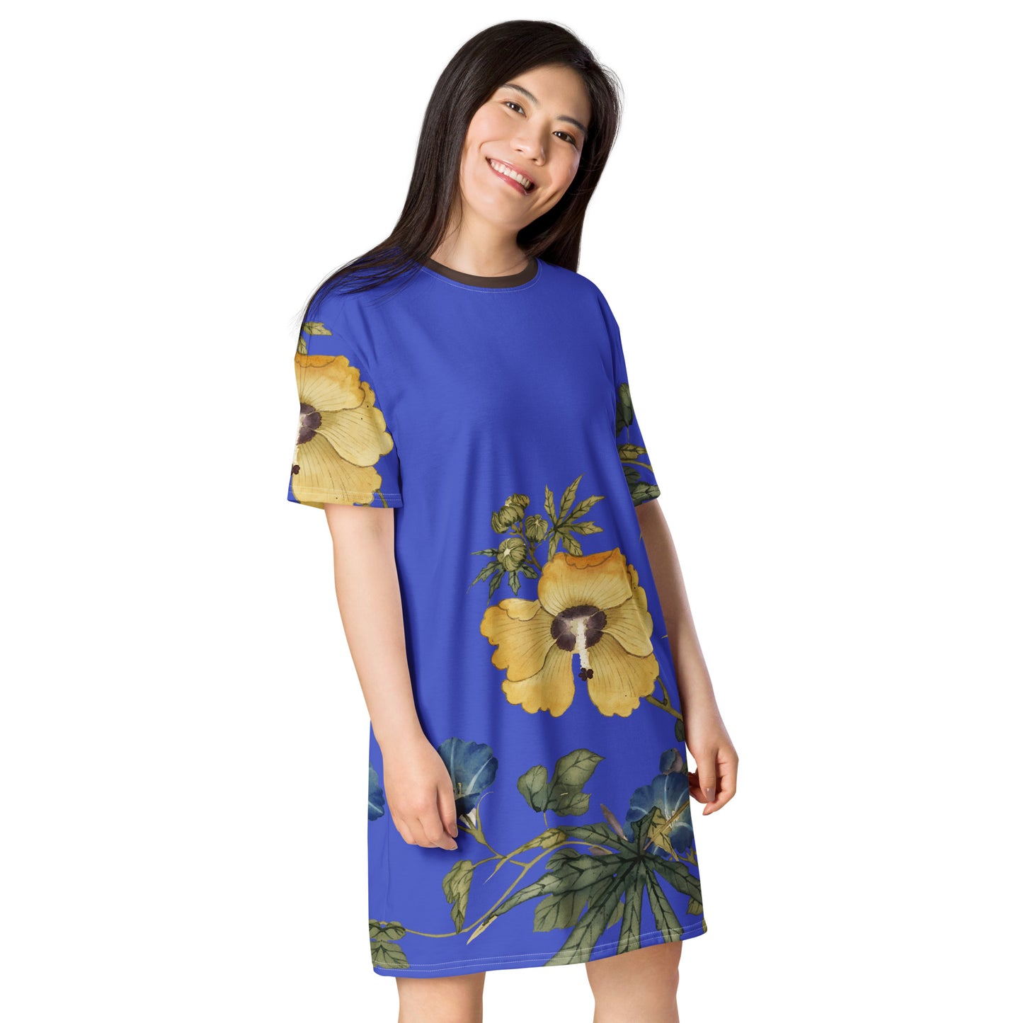 The Spirit of Flowers in Twelve Months｜Okra and White-edged Morning Glory in Bloom｜T-shirt dress｜Royal blue