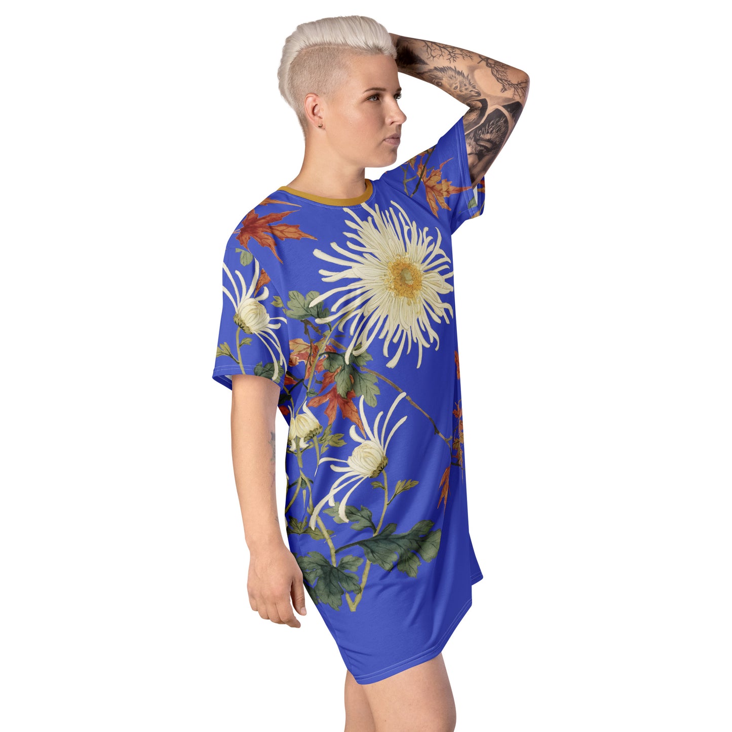 The Spirit of Flowers in Twelve Months｜Blooming Chrysanthemum and Maple Leaves｜T-shirt dress｜Royal blue