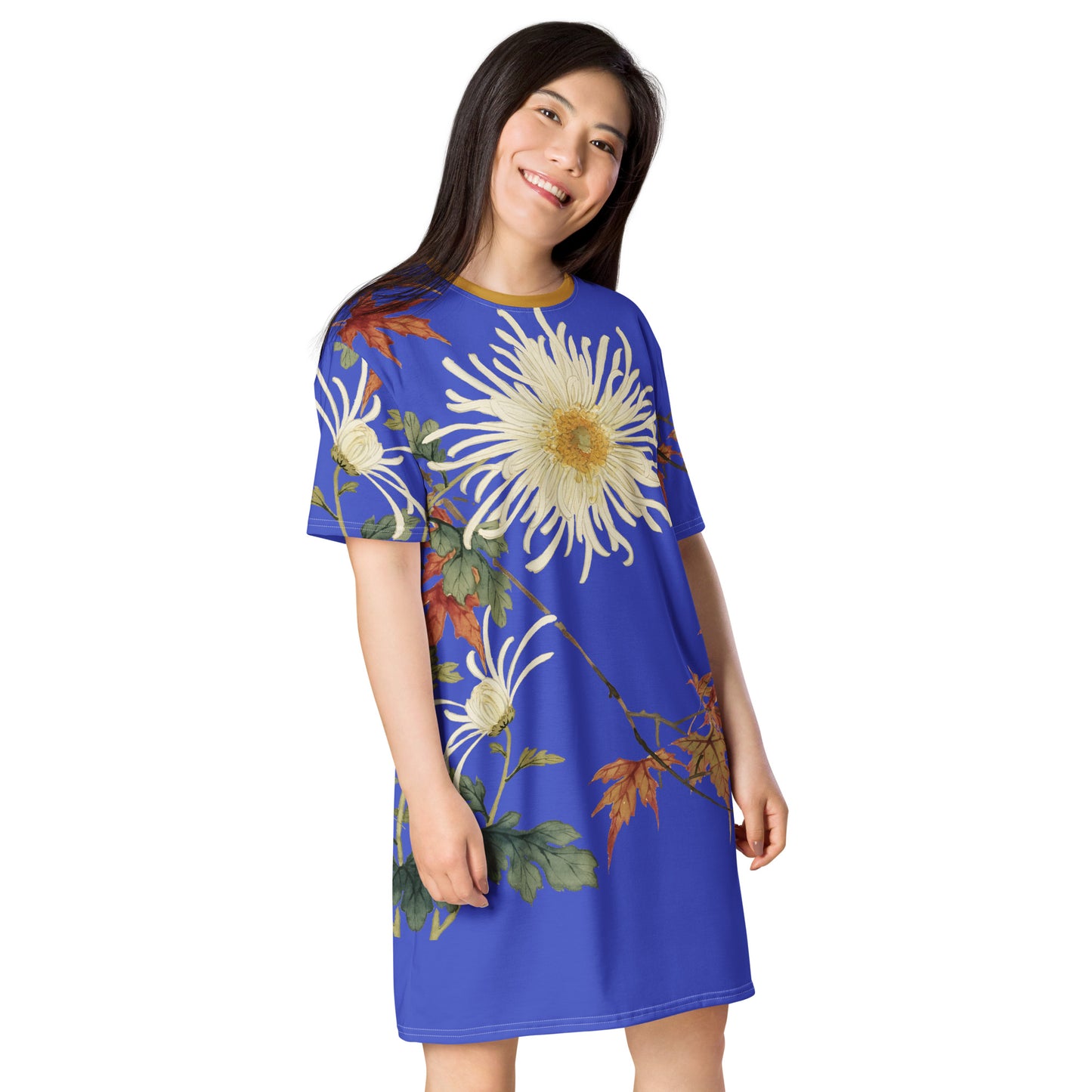 The Spirit of Flowers in Twelve Months｜Blooming Chrysanthemum and Maple Leaves｜T-shirt dress｜Royal blue