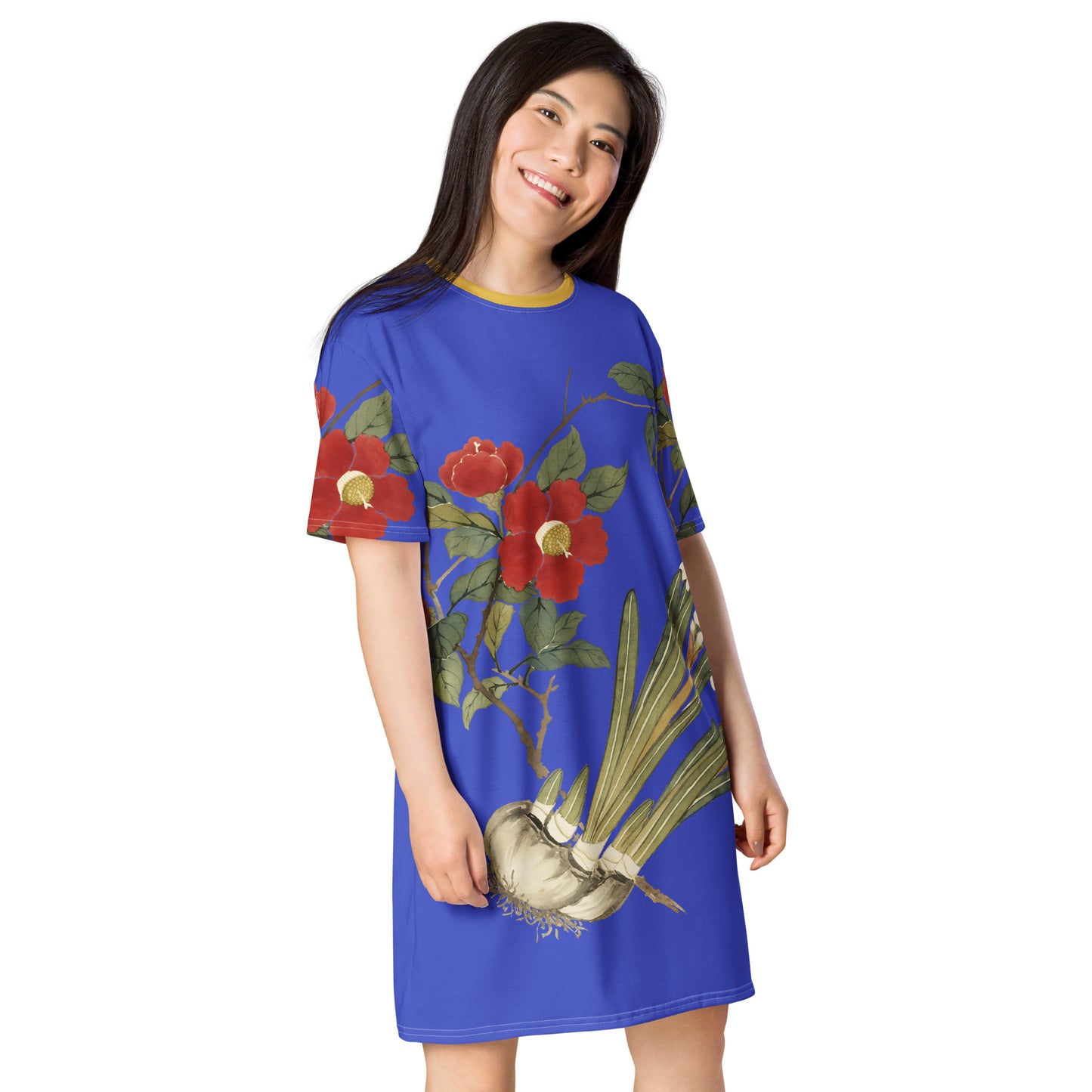 The Spirit of Flowers in Twelve Months｜Narcissus and Camelia in Bloom｜T-shirt dress｜Royal blue