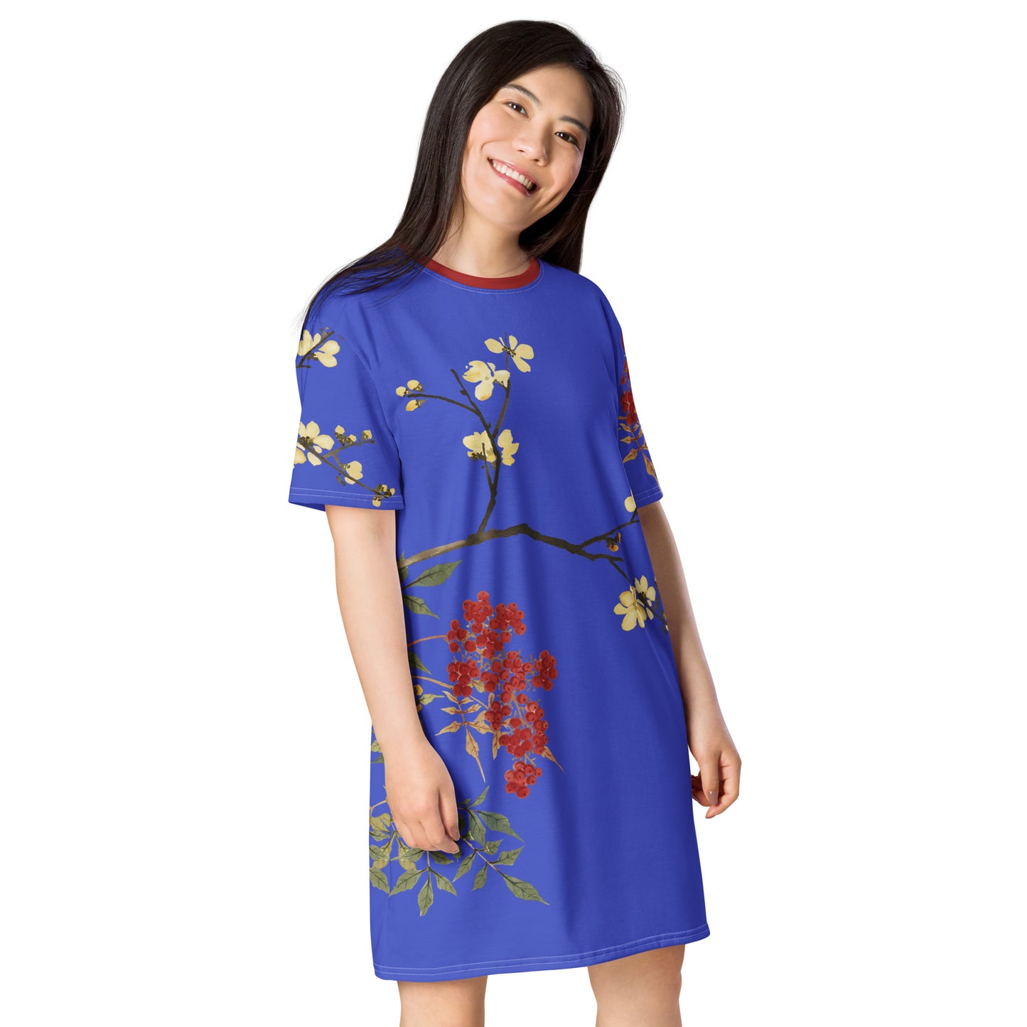 The Spirit of Flowers in Twelve Months｜Blooming Wintersweet and Heavenly Bamboo｜T-shirt dress｜Royal blue