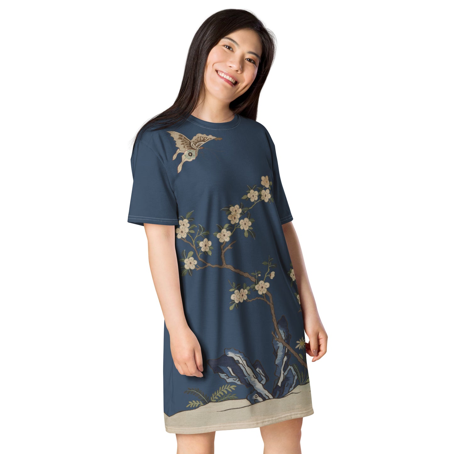 Kesi Flower Album｜White Plum Blossoms and Butterfly｜T-shirt dress｜Dark blue