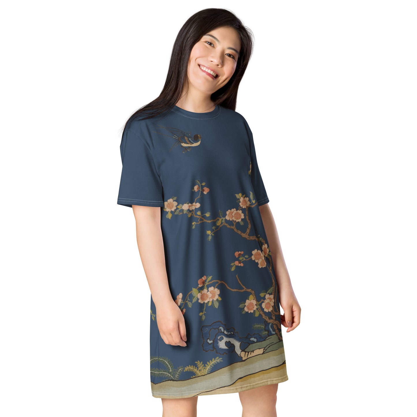 Kesi Flower Album｜Swallow in Flight, Harbinger of Spring｜T-shirt dress｜Dark blue