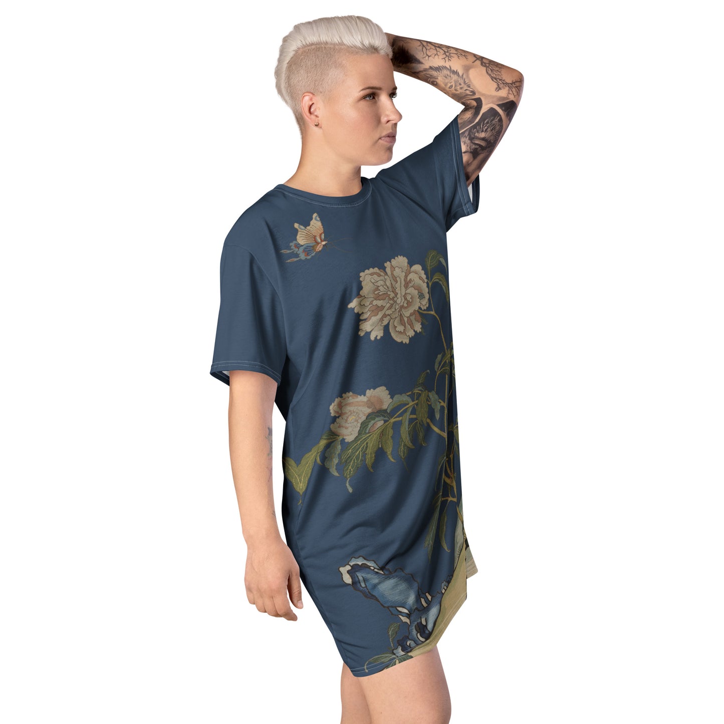 Kesi Flower Album｜Peonies and Butterfly｜T-shirt dress｜Dark blue