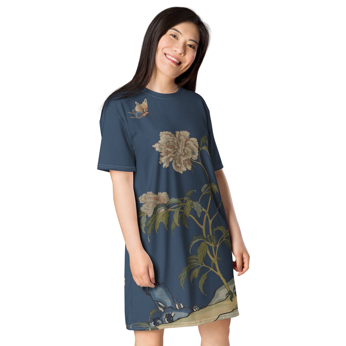 Kesi Flower Album｜Peonies and Butterfly｜T-shirt dress｜Dark blue