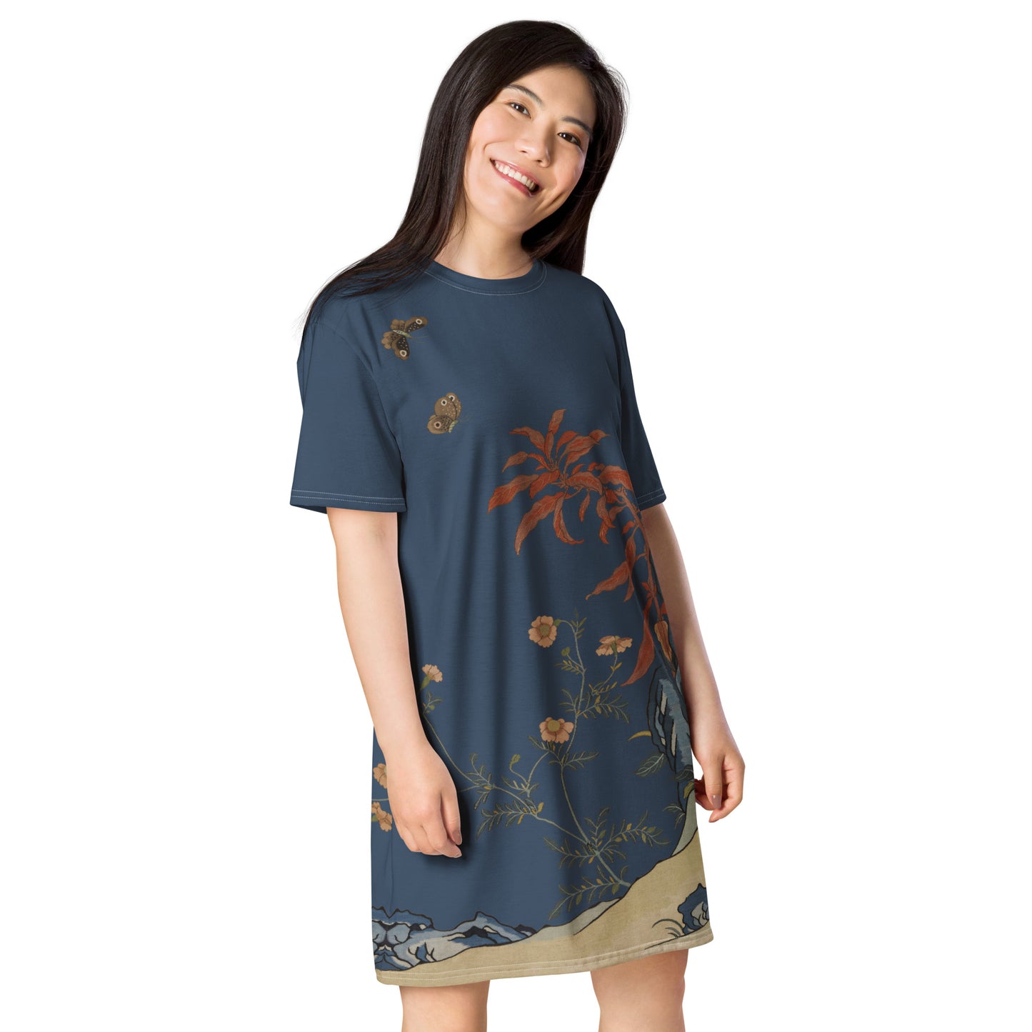 Kesi Flower Album｜Butterflies and Flowers｜T-shirt dress｜Dark blue