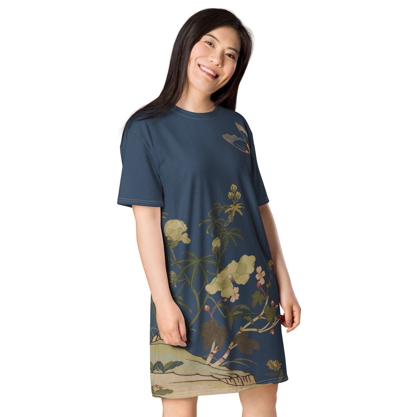 Kesi Flower Album｜Hibiscus and Begonia Blossoms｜T-shirt dress｜Dark blue